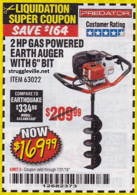 2 HP Gas Powered Earth Auger With 6 Bit Expires 7 31 18 63022