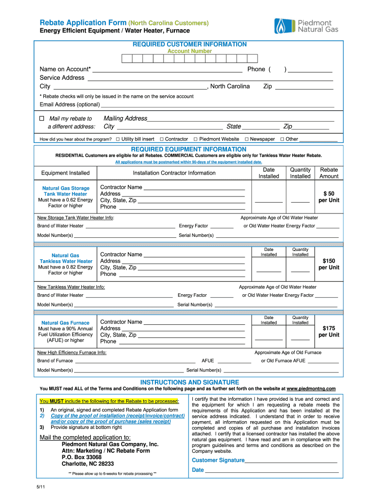 Piedmont Natural Gas Rebate Application Form Fill Online Printable 