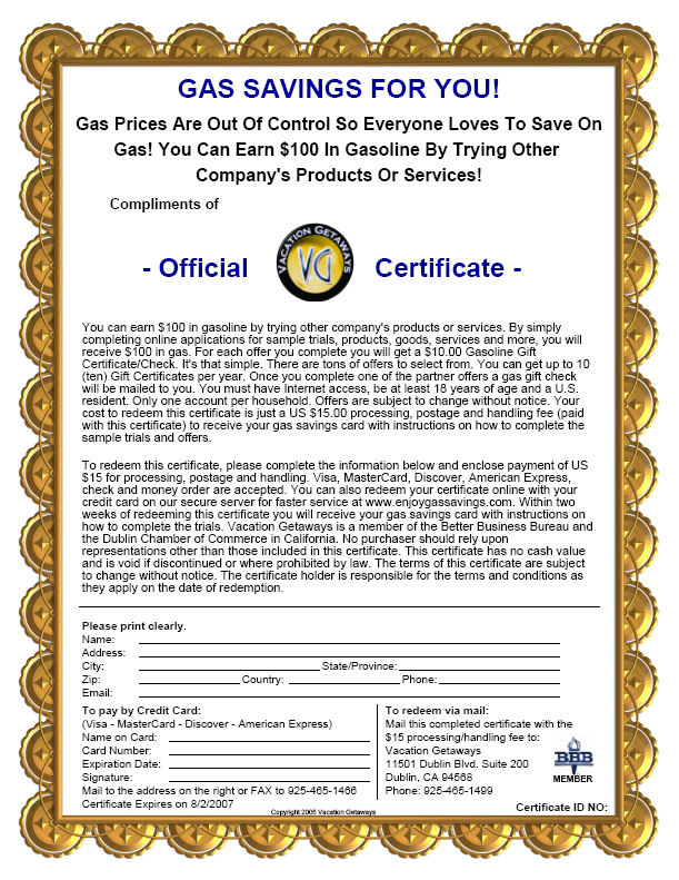VacationGetawayIncentives 100 Gas Savings Certificate