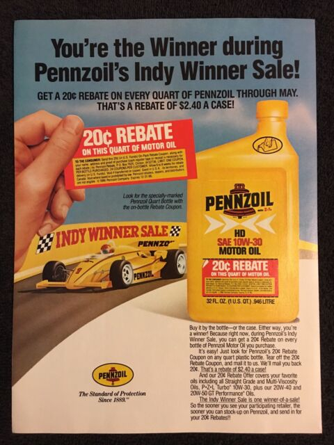Vintage 1986 Original Print Ad PENNZOIL Motor Oil Indy Winner Rebate Vintage 1986 Original Print Ad PENNZOIL Motor Oil Indy Winner Rebate