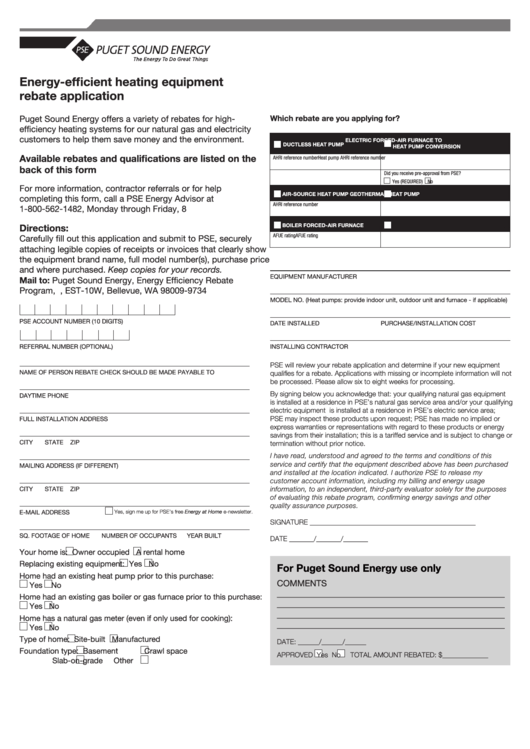 Energy Efficient Heating Equipment Rebate Application Pse Printable 