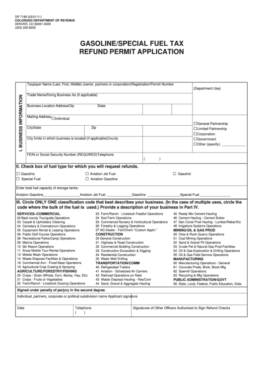 Fillable Form Dr 7189 Gasoline special Fuel Tax Refund Permit