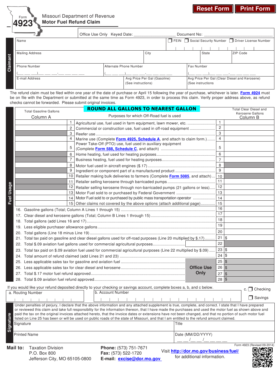 Form 4923 Download Fillable PDF Or Fill Online Motor Fuel Refund Claim Form 4923 Download Fillable PDF Or Fill Online Motor Fuel Refund Claim