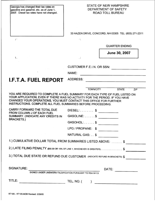 Form Rt 105 I F T A Fuel Report State Of New Hampshire 2005 Form Rt 105 I f t a Fuel Report State Of New Hampshire 2005