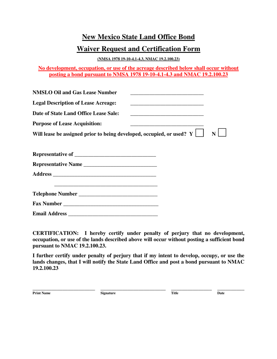 Oil And Gas Bond Waiver Request And Certification Form Download Oil And Gas Bond Waiver Request And Certification Form Download