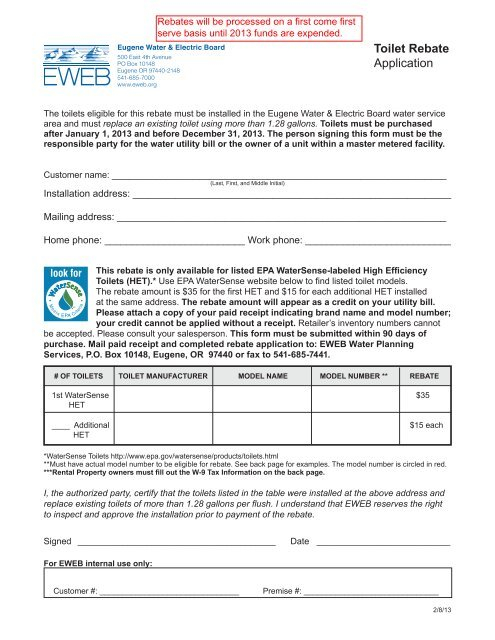 Toilet Rebate Application Eugene Water Electric Board