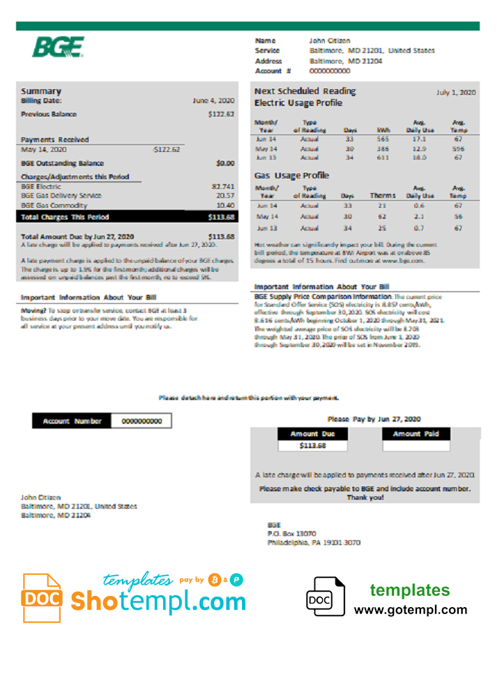 USA Maryland BGE Gas And Electric Utility Bill Template In Word And PDF 