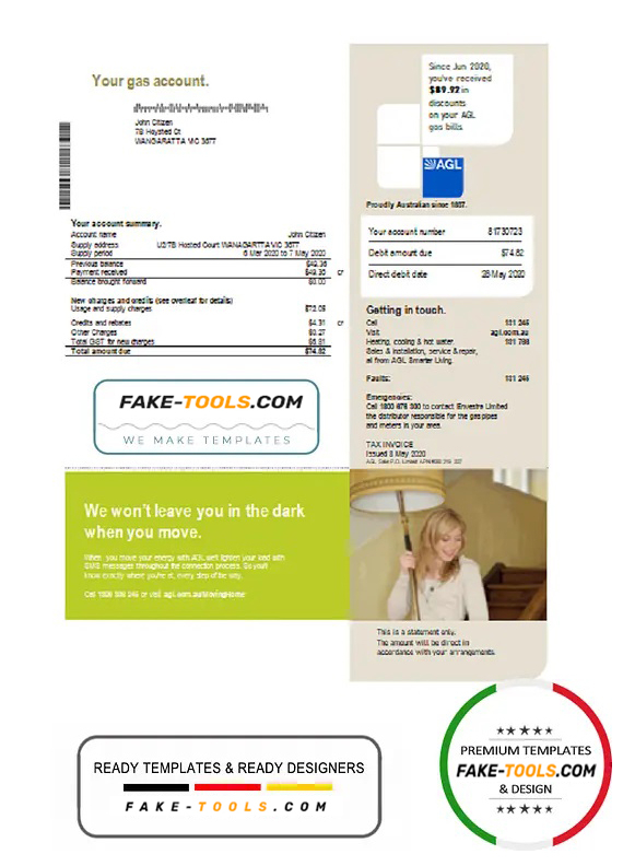 Australia AGL Gas Utility Bill Template In Word And PDF Format Fake Tools