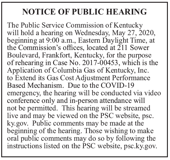 Notice Of Public Hearing PSC Columbia Gas Of Kentucky The Lewis 