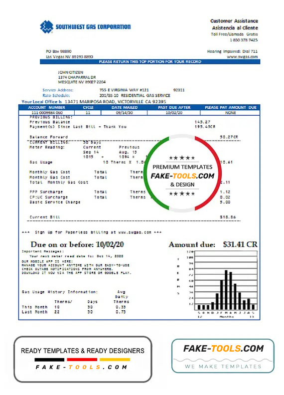 USA Nevada Southwest Gas Corporation Utility Bill Template In Word And USA Nevada Southwest Gas Corporation Utility Bill Template In Word And